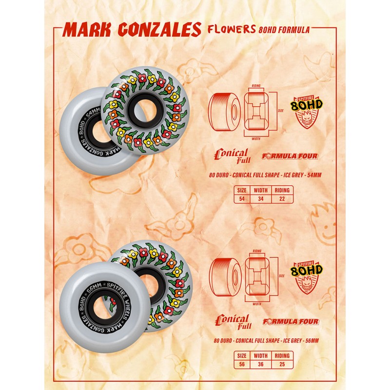 Rodas Spitfire Formula Four Conical Full Mark Gonzales Flowers Ice Grey - 56mm 80HD