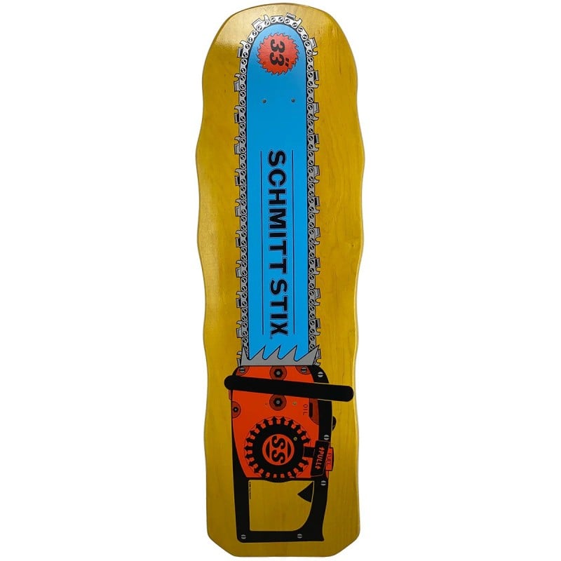 Schmitt Stix Chainsaw Old School Yellow Stain Skateboard Deck 10"