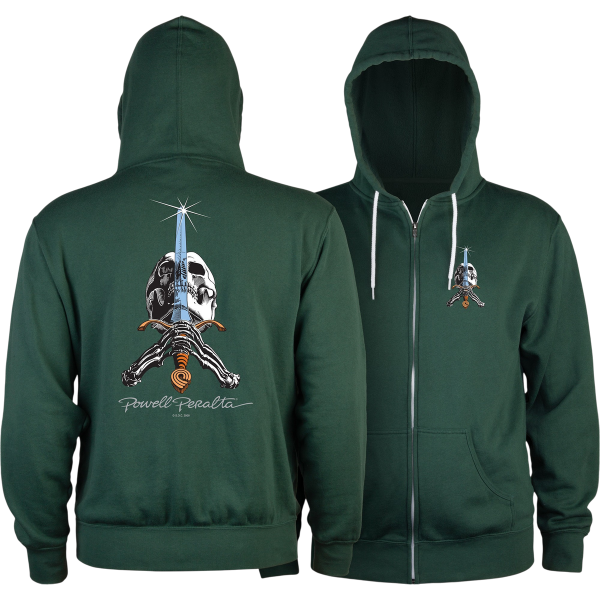 Powell Peralta Sweat Hood Zip Skull & Sword - Alpine Green