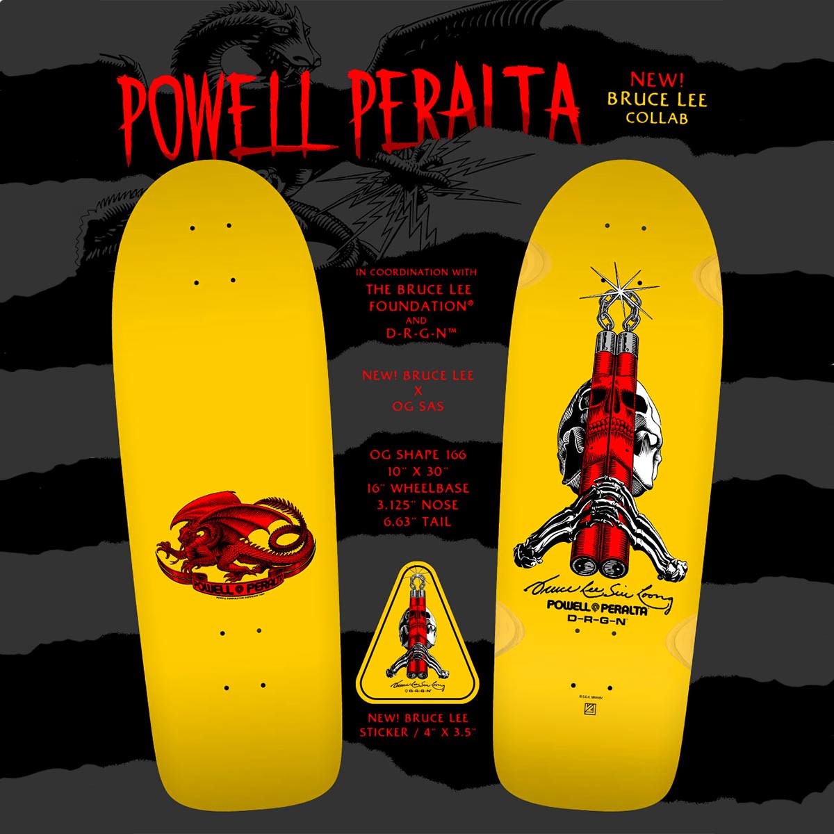 Powell Peralta Skull & Nunchucks Bruce Lee Collab Skateboard Deck Yellow 10"