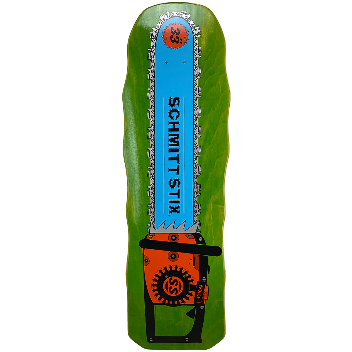 Schmitt Stix Chainsaw Old School Green Stain Skateboard Deck 10"