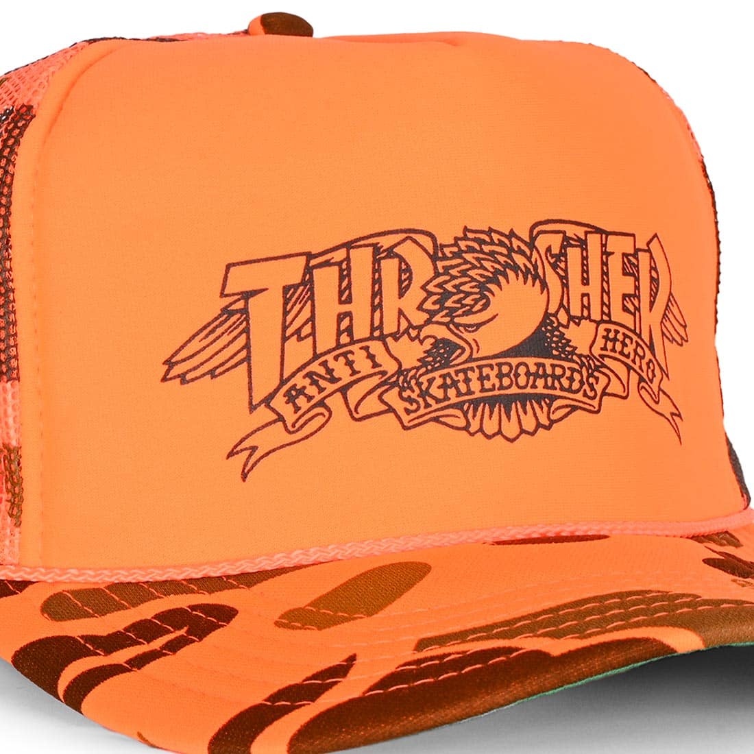 Thrasher x Anti-Hero Mag Banner Trucker Cap - Orange Camo – NO23