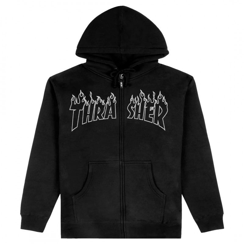 Thrasher Flame Embroidered Zip Hoodie - Black