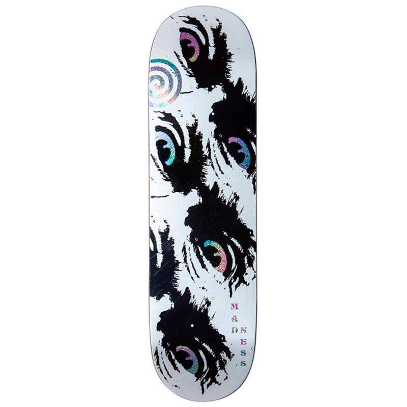 Madness Side Eye Swirls White Holographic Super Sap Skateboard Deck 8.5"